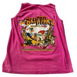 Brew Thru Graphic Tank Top Pink Cartoon Drive ThruConvenience Store Casual Beach